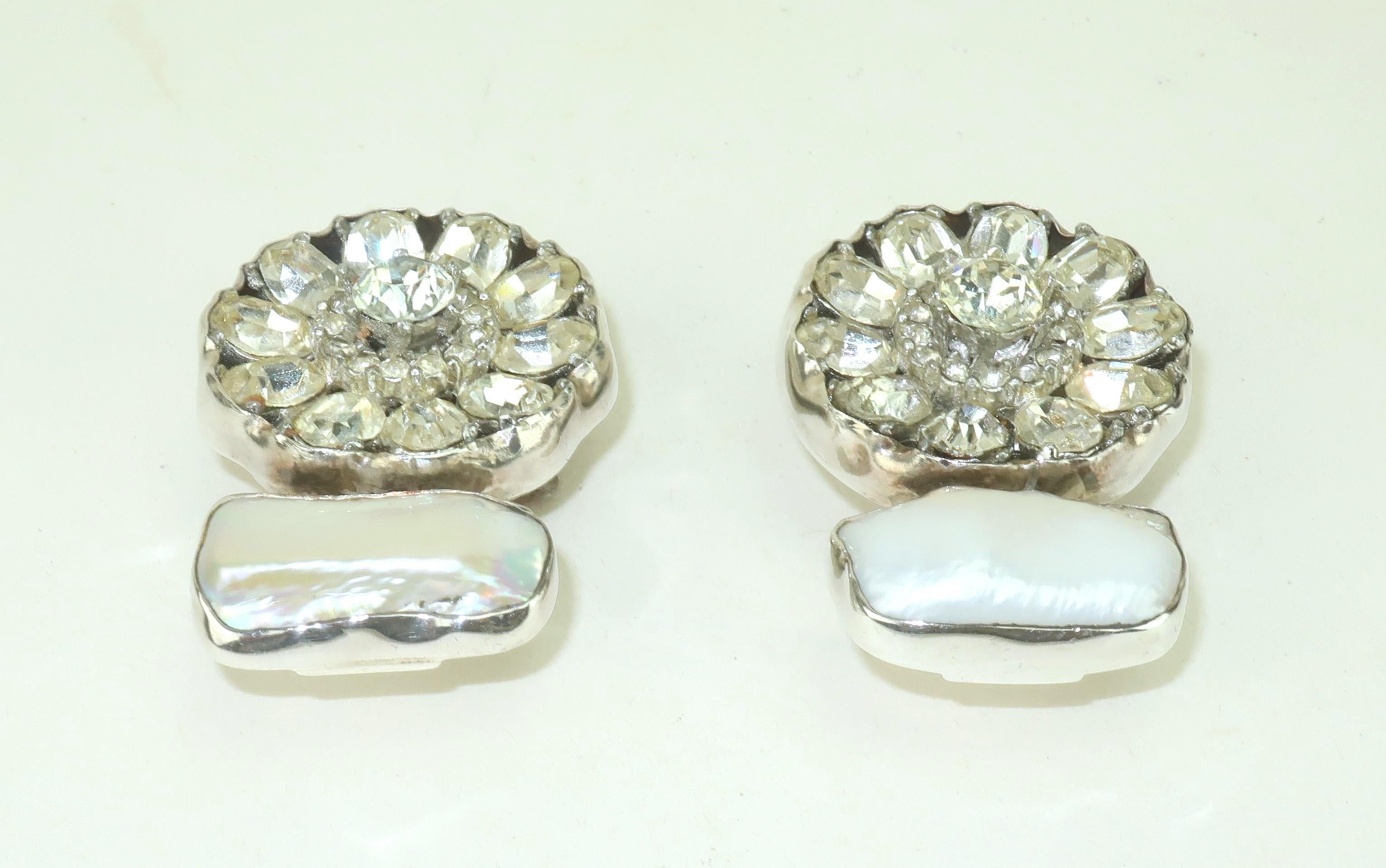 Women's REBECCA COLLINS Sterling, Natural Pearl & Rhinestone Earrings For Sale