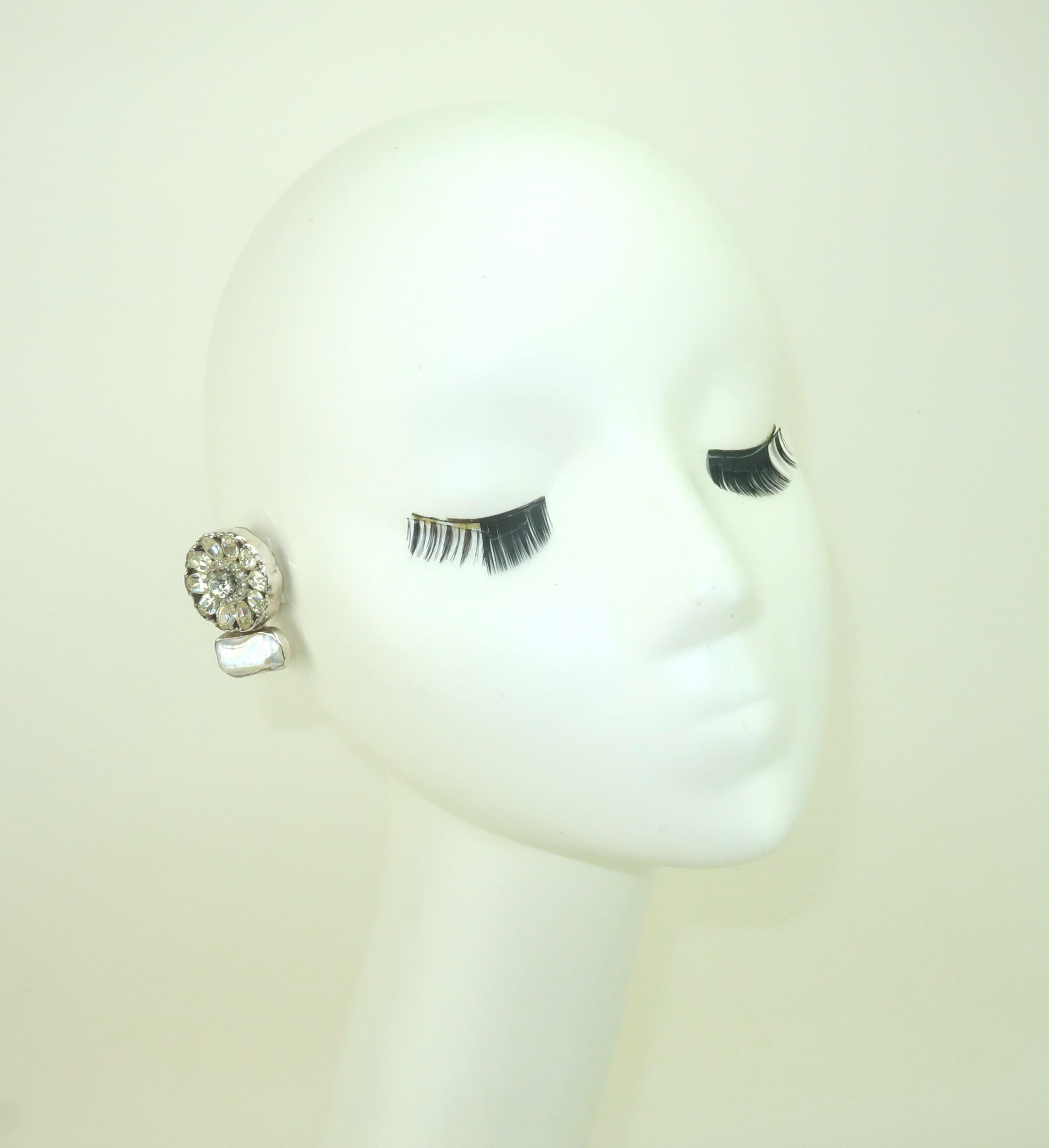 REBECCA COLLINS Sterling, Natural Pearl & Rhinestone Earrings For Sale 3