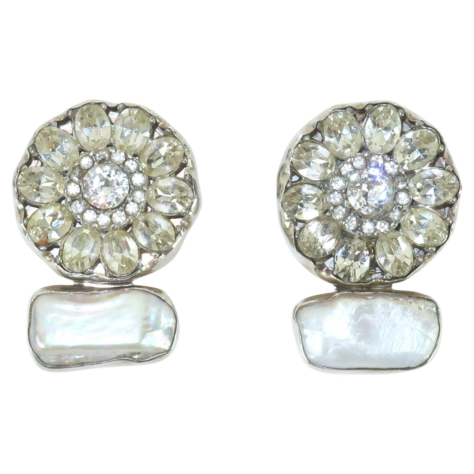 REBECCA COLLINS Sterling, Natural Pearl & Rhinestone Earrings For Sale