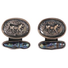 REBECCA COLLINS Sterling Silver Ancient Coin Lion Biwa Pearl Stone Clip Earrings