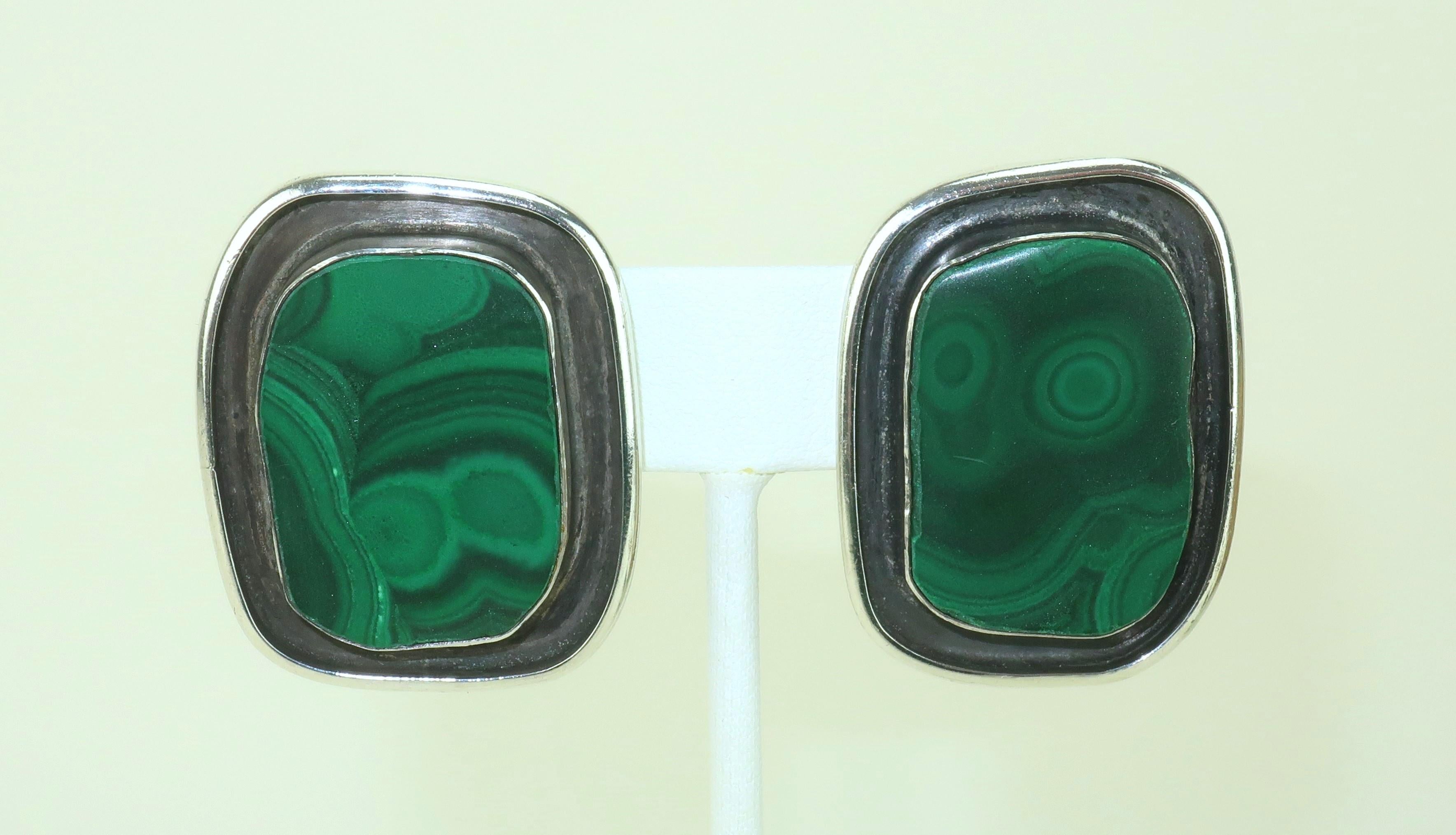 Cabochon REBECCA COLLINS Sterling Silver & Malachite Artisan Earrings For Sale