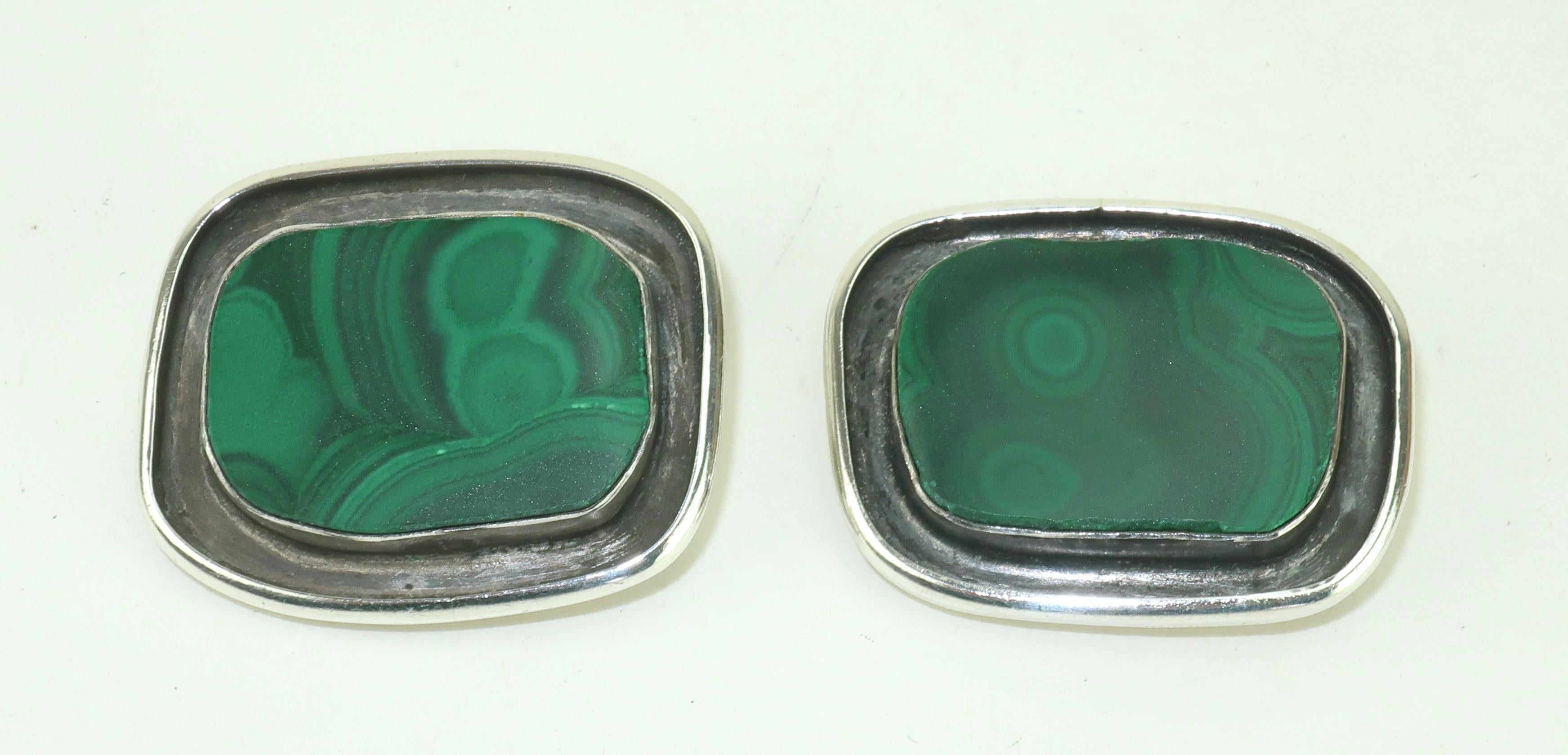 REBECCA COLLINS Sterling Silver & Malachite Artisan Earrings For Sale 1