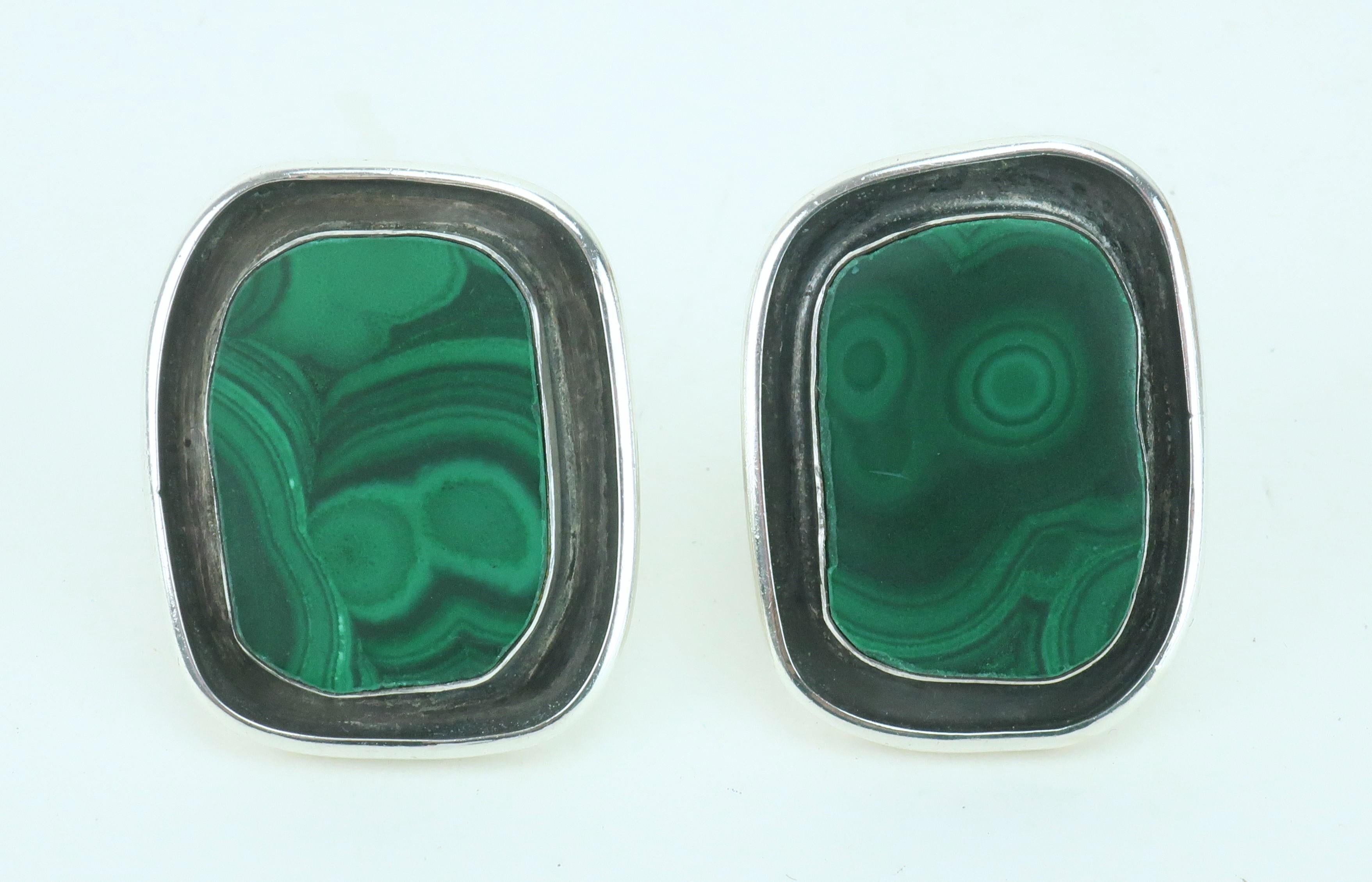 REBECCA COLLINS Sterling Silver & Malachite Artisan Earrings For Sale 2