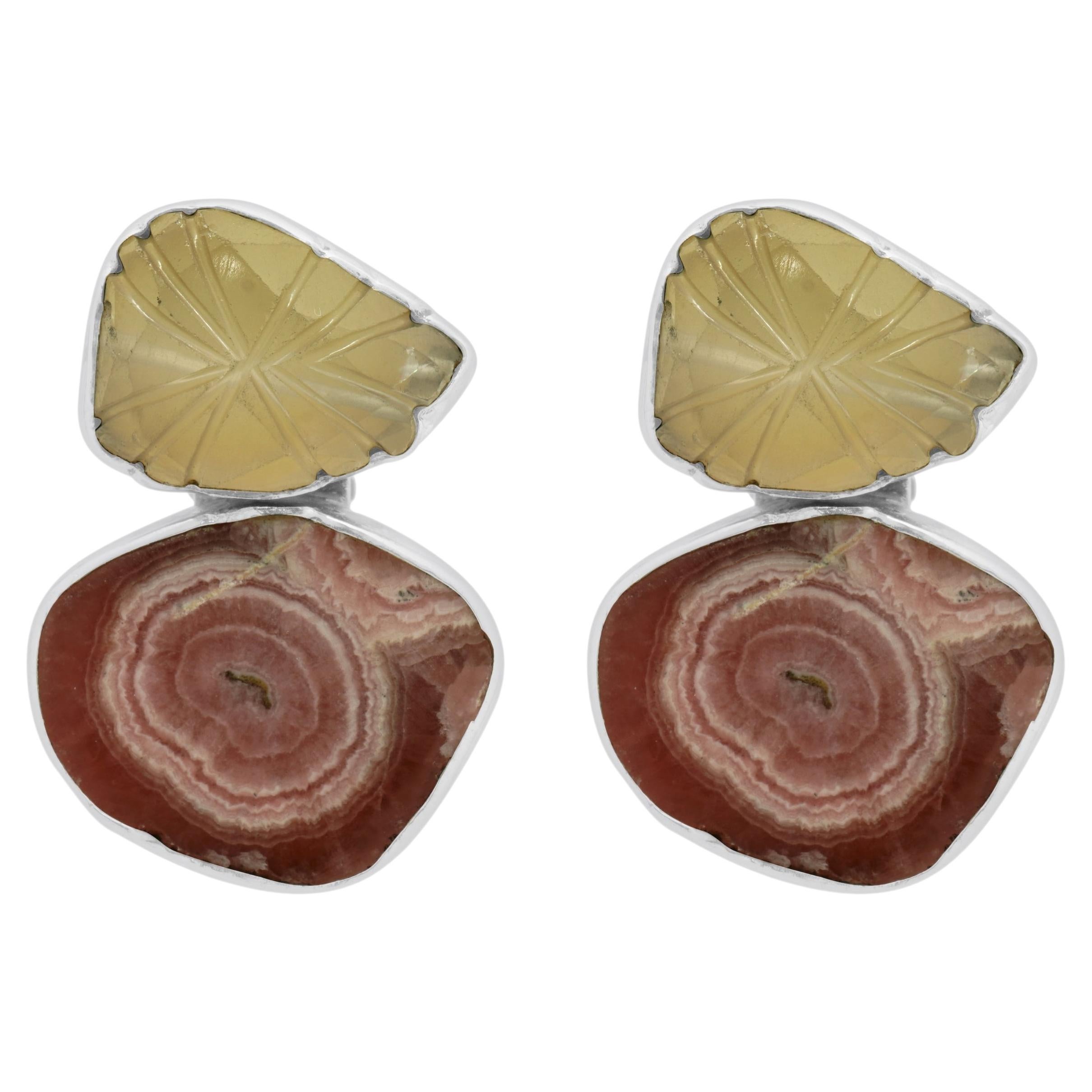 Rebecca Collins Sterling Silver Rhodochrosite and Quartz Earrings