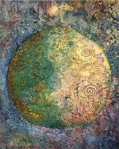 “The Age of Aquarius”, textured blue, green, and yellow celestial sphere