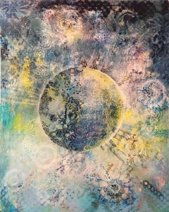 “The Age of Pisces”, yellow, pink and blue celestial sphere with lacy textures