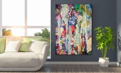 "Bodacious", densely textured layers of lacy patterns in yellow, pink and blue