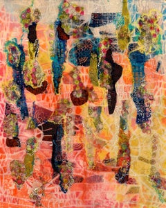 rebecca darlington “But I Wanted To Roam”, blue ribbons of designs sway over oranges and yellows