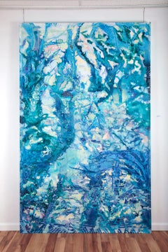 "Dappled Dawn", turquoise foliage swirl and tangle in white shimmering light 