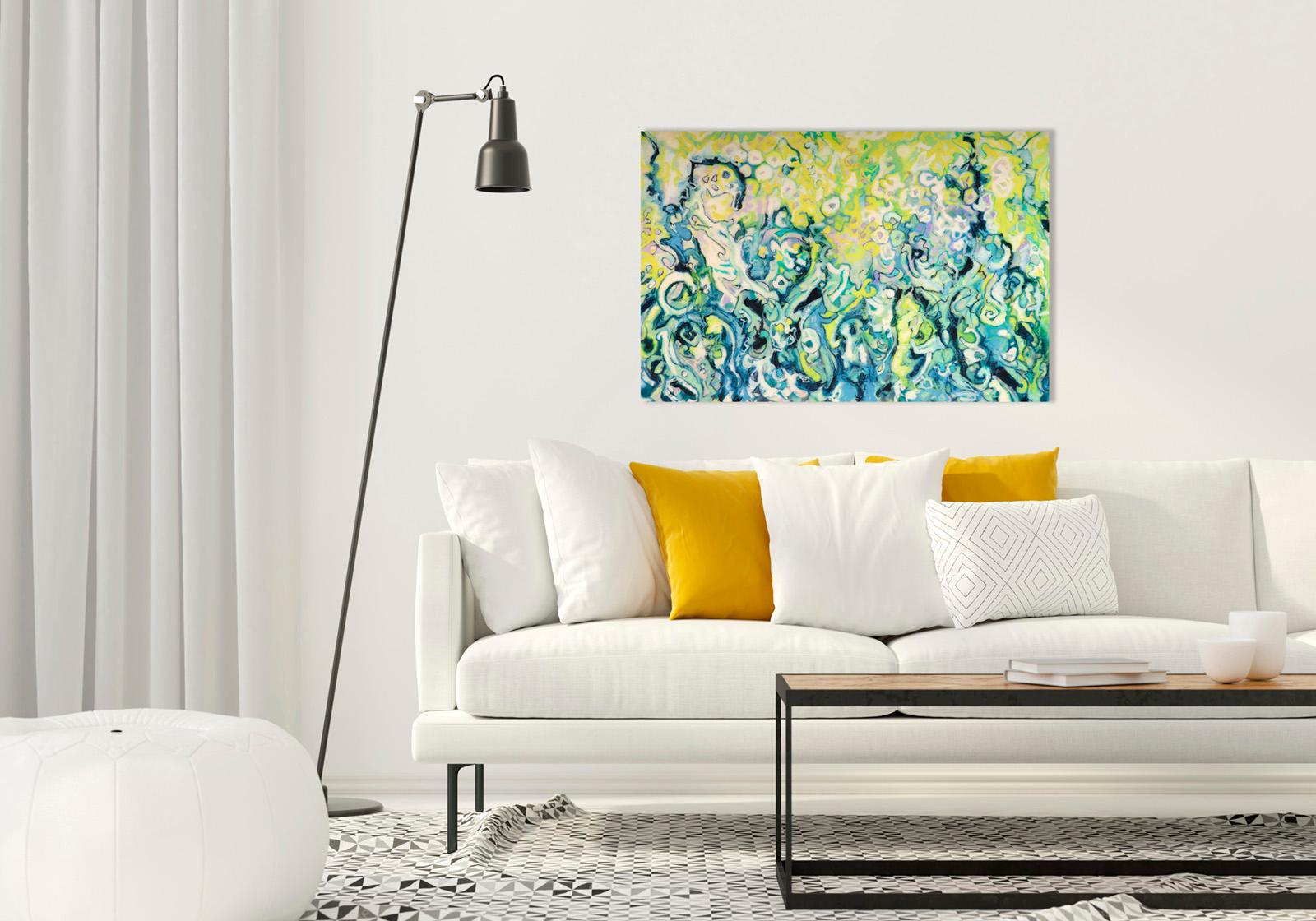 “Garden Dreams”, ornamental patterns in turquoise and yellows swirl overall   - Painting by Rebecca Darlington