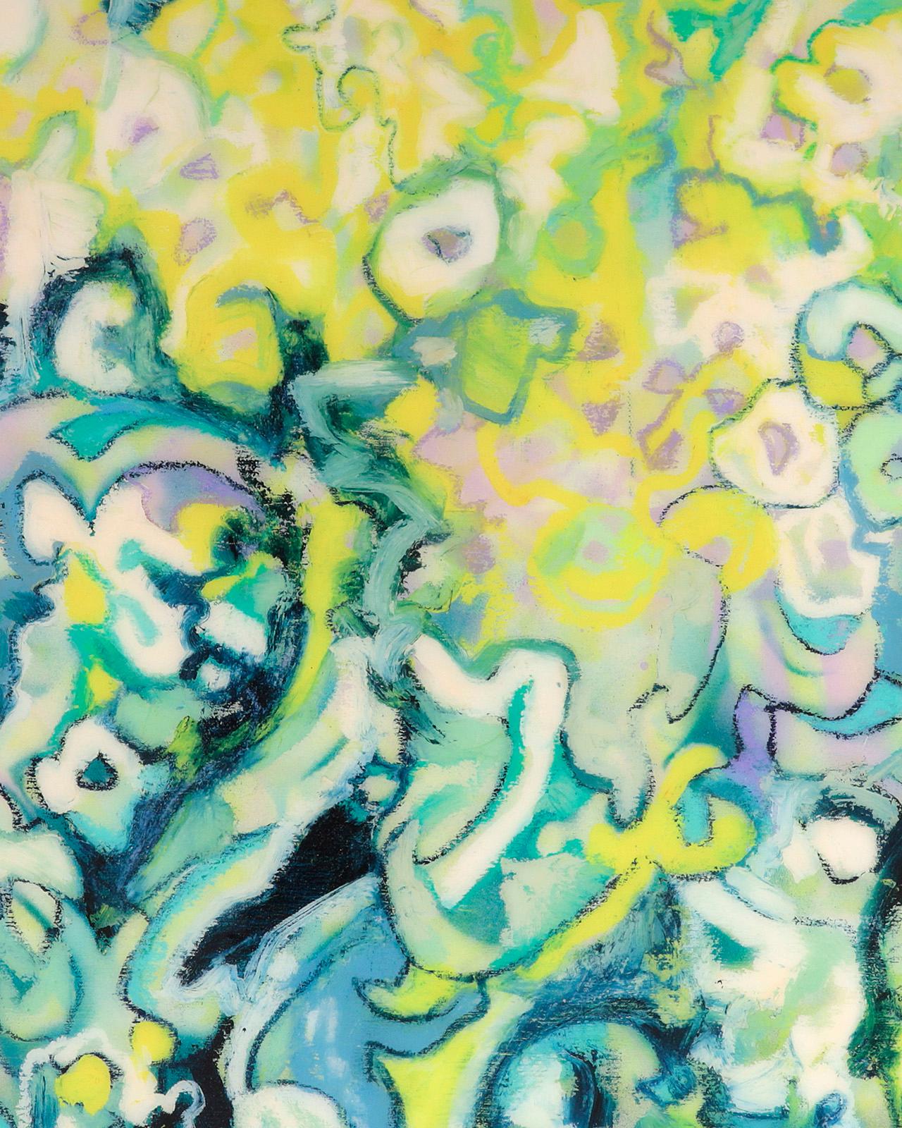 “Garden Dreams”, ornamental patterns in turquoise and yellows swirl overall   - Abstract Painting by Rebecca Darlington