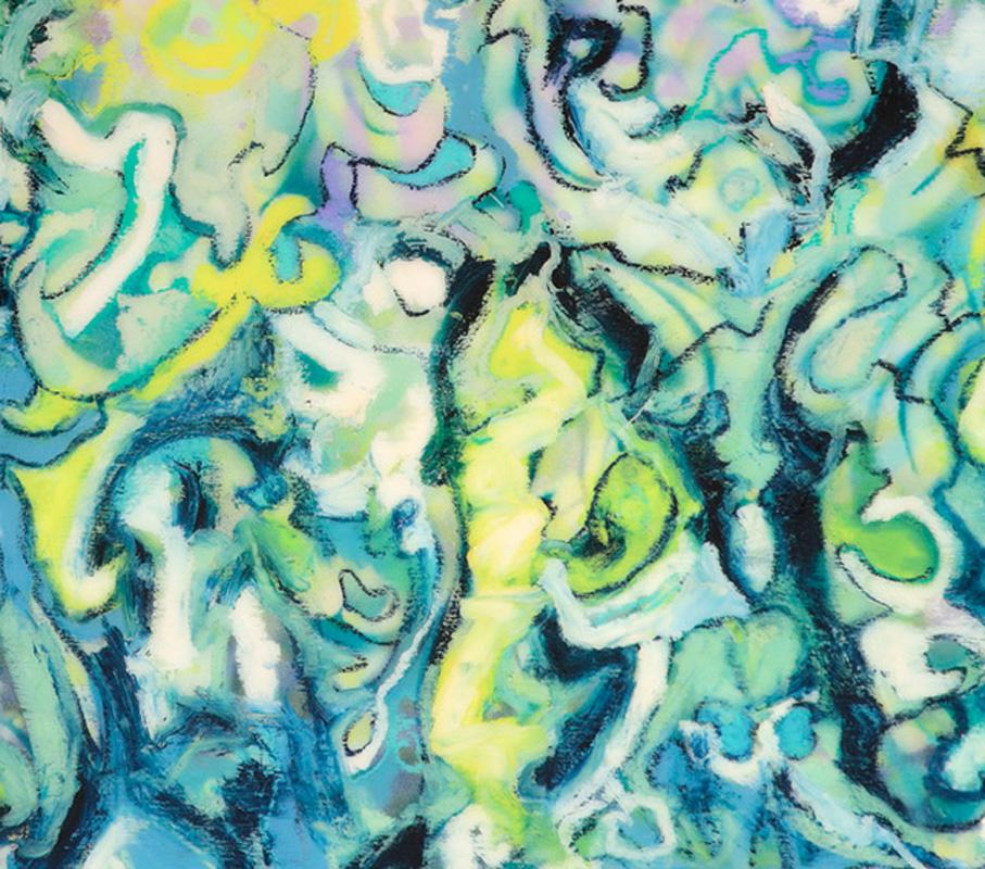 “Garden Dreams”, ornamental patterns in turquoise and yellows swirl overall   - Green Abstract Painting by Rebecca Darlington
