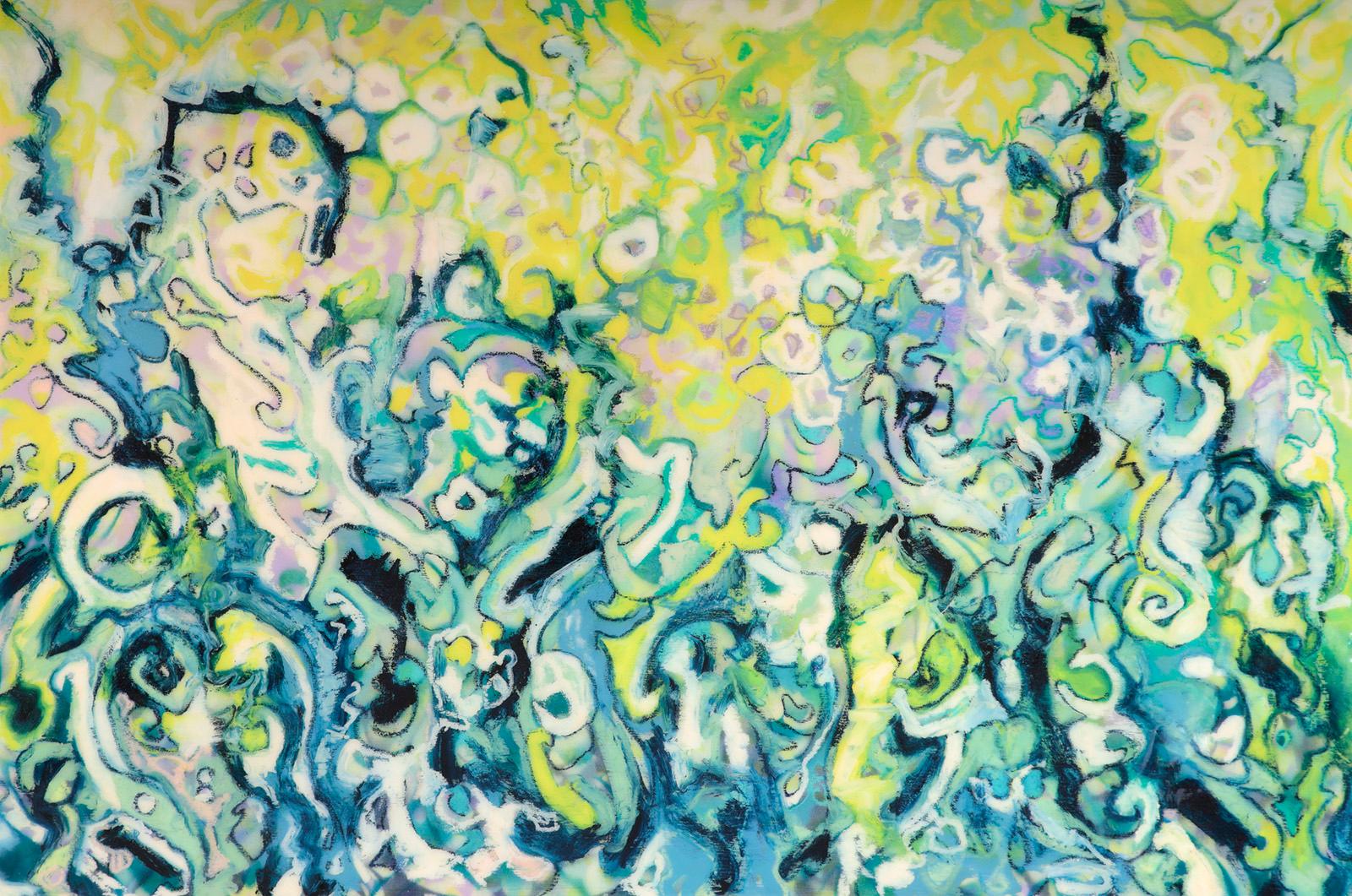 Rebecca Darlington Abstract Painting - “Garden Dreams”, ornamental patterns in turquoise and yellows swirl overall  