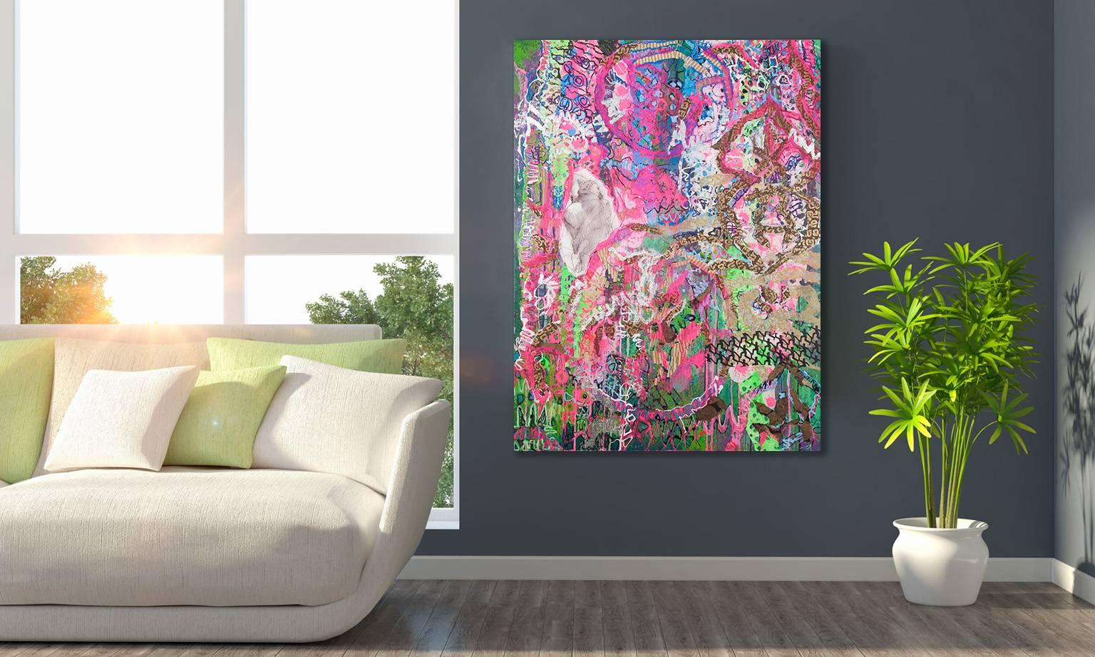 “Into The Trumpet's Mouth”,  ribbons of designs in pinks and greens swirl - Art by Rebecca Darlington