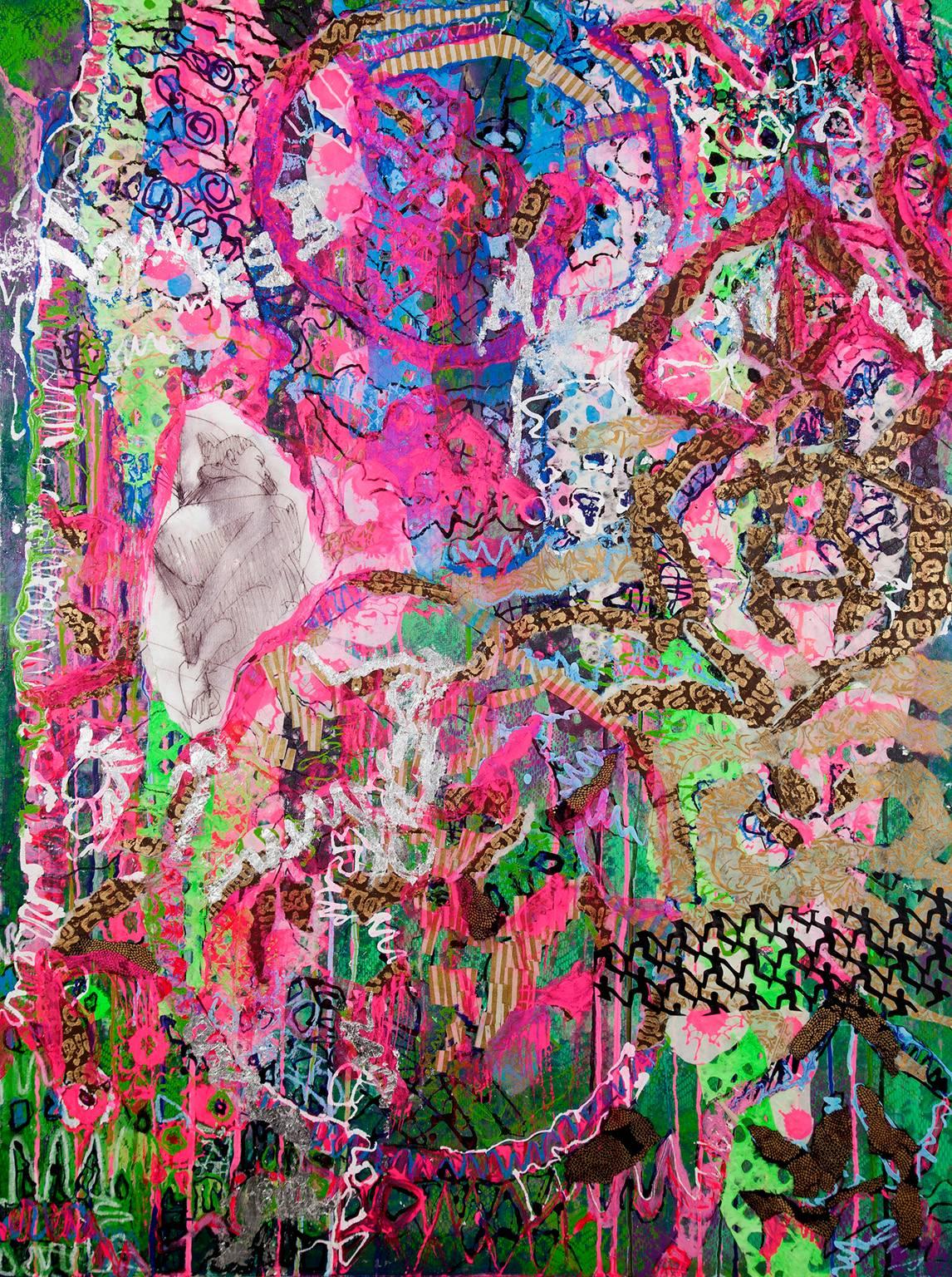 Rebecca Darlington Abstract Drawing - “Into The Trumpet's Mouth”,  ribbons of designs in pinks and greens swirl