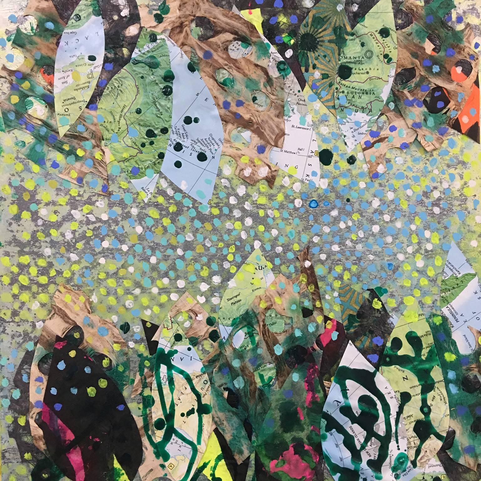 Rebecca Darlington Abstract Painting - “Joyeux Anniversaire to Spring”, patterns of leaves and dots in green and yellow