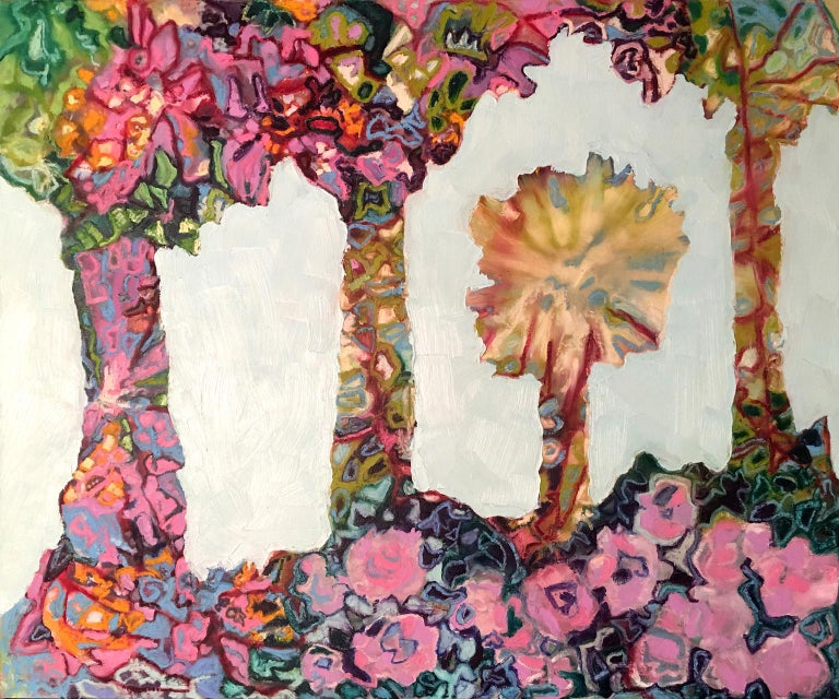  “My Sanctuary”, a private landscape in pinks, and blues, textured with flowers - Painting by Rebecca Darlington