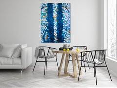 "Prisoners of Land", two blue trees pulsate in shimmering white forest light