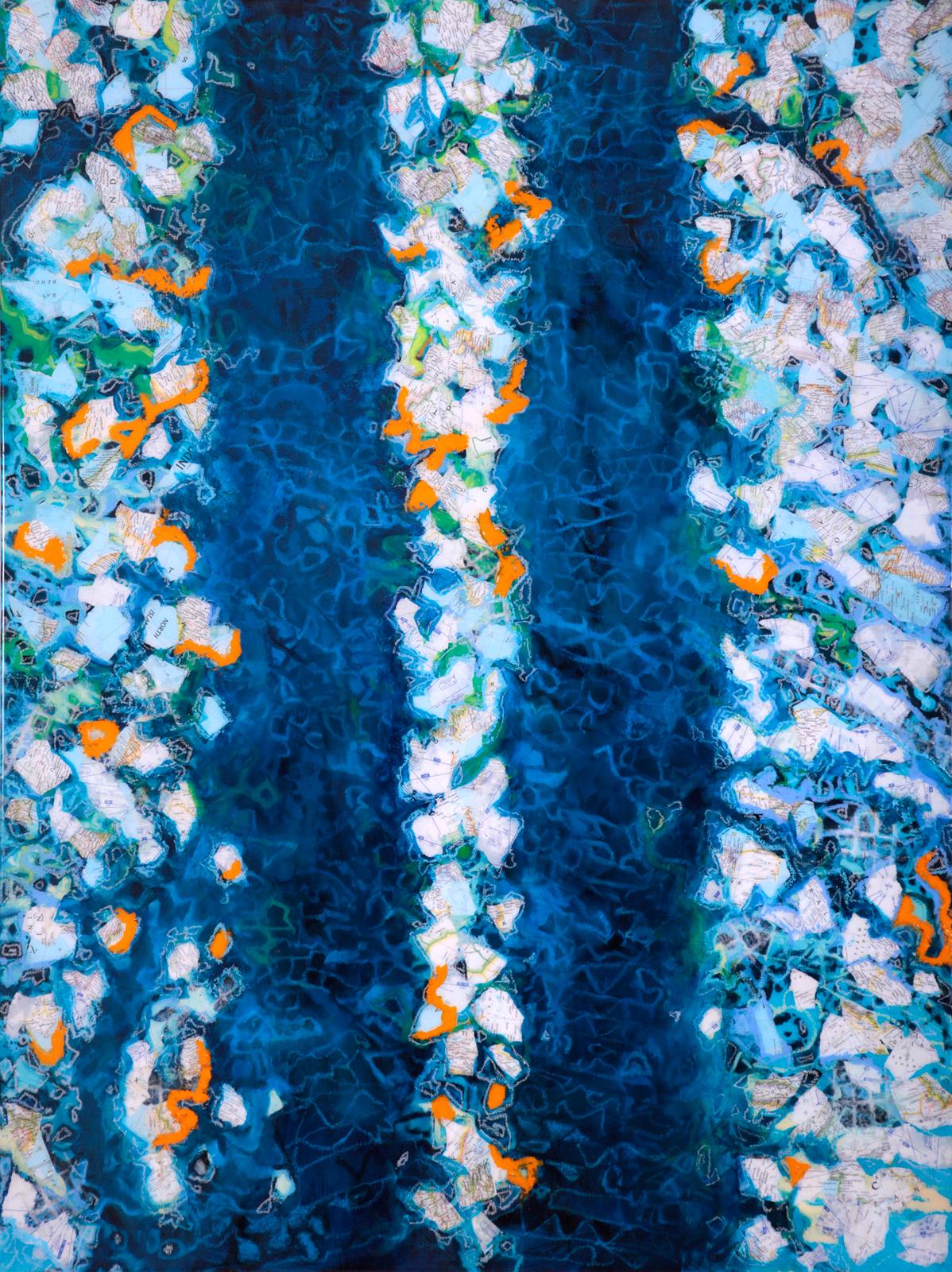 "Prisoners of Land", two blue trees pulsate in shimmering white forest light - Mixed Media Art by Rebecca Darlington