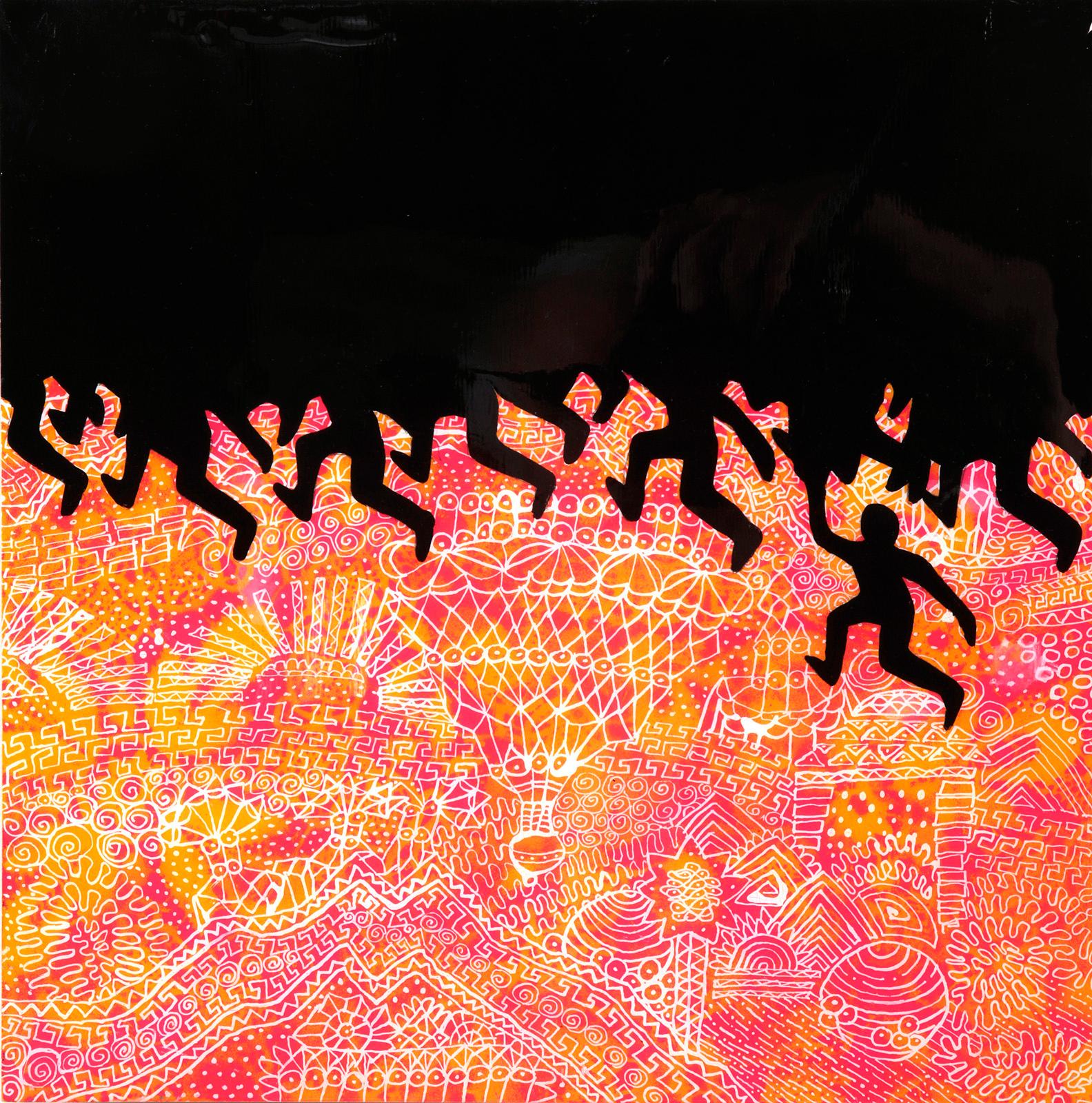 Rebecca Darlington Abstract Painting - "Rise Above", a crowd of silhouetted figures race across black, pink and orange 