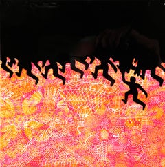 "Rise Above", a crowd of silhouetted figures race across black, pink and orange 