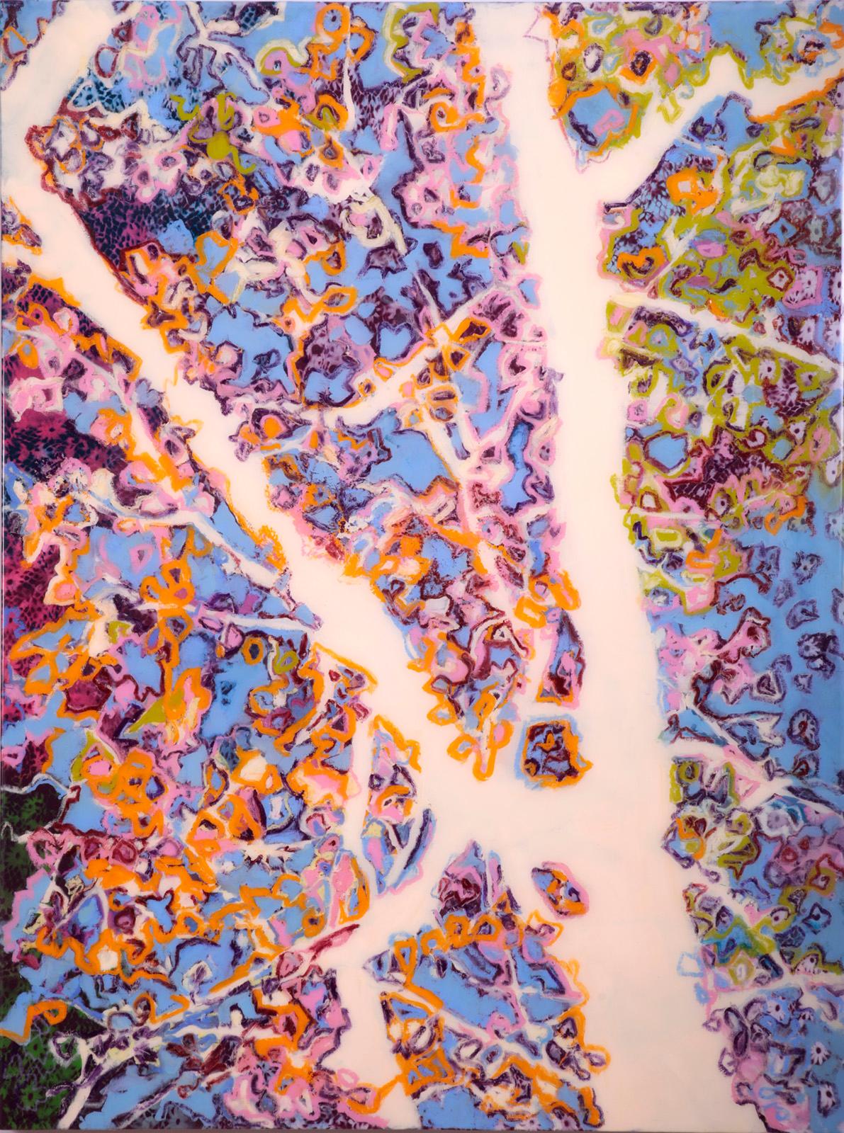 Rebecca Darlington Abstract Painting - "Splendor From The Sun", white trees against pink and orange leaves, blue sky