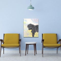 "Tall Tales No. 2", textured designs in white on black, on yellow, pink and blue