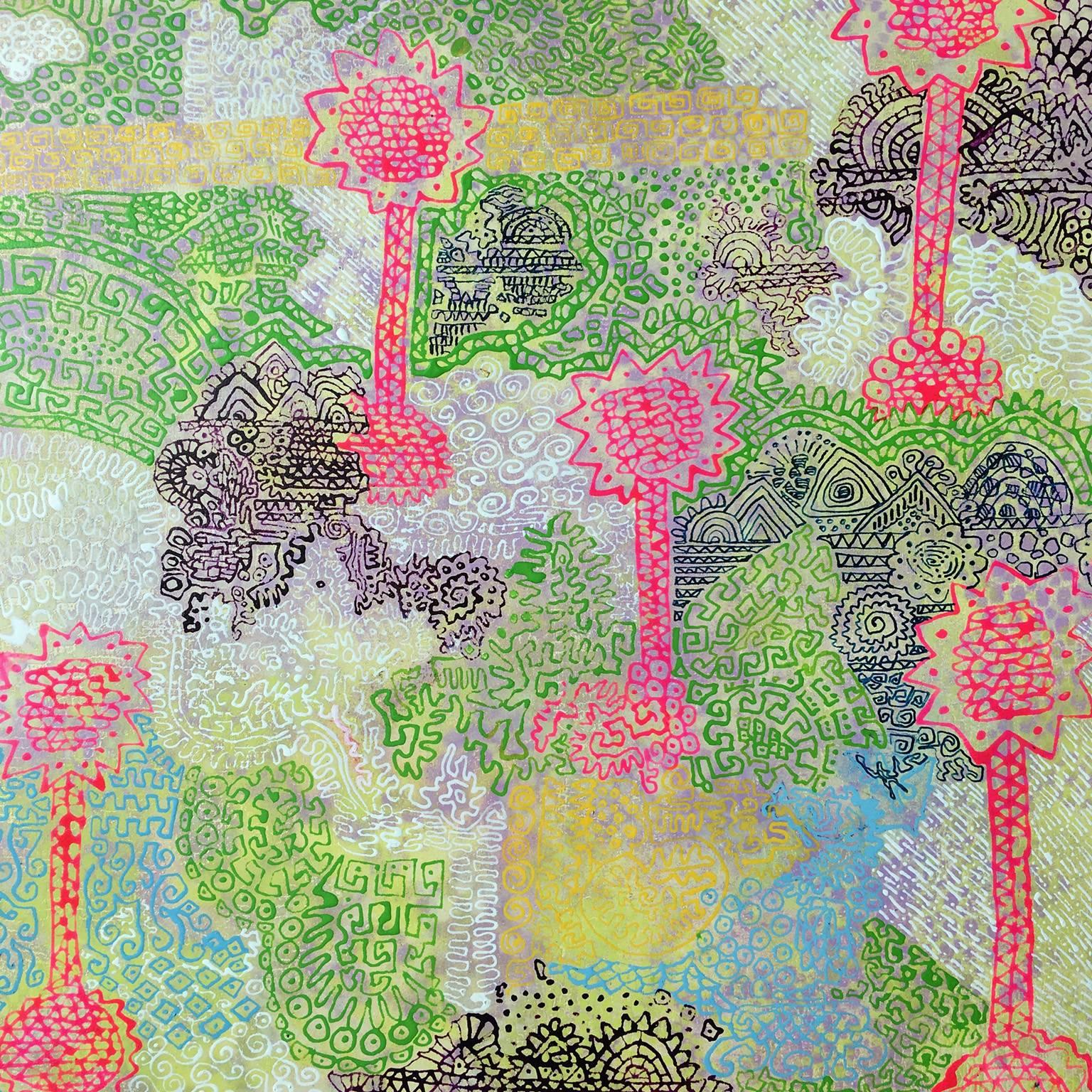 "This is My Land" texture of linear symbols on pink, green and blue background - Art by Rebecca Darlington