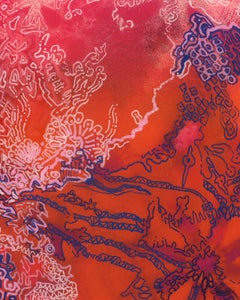 "Valley Sunset", textured linear floral motifs fill crowded pink and red space