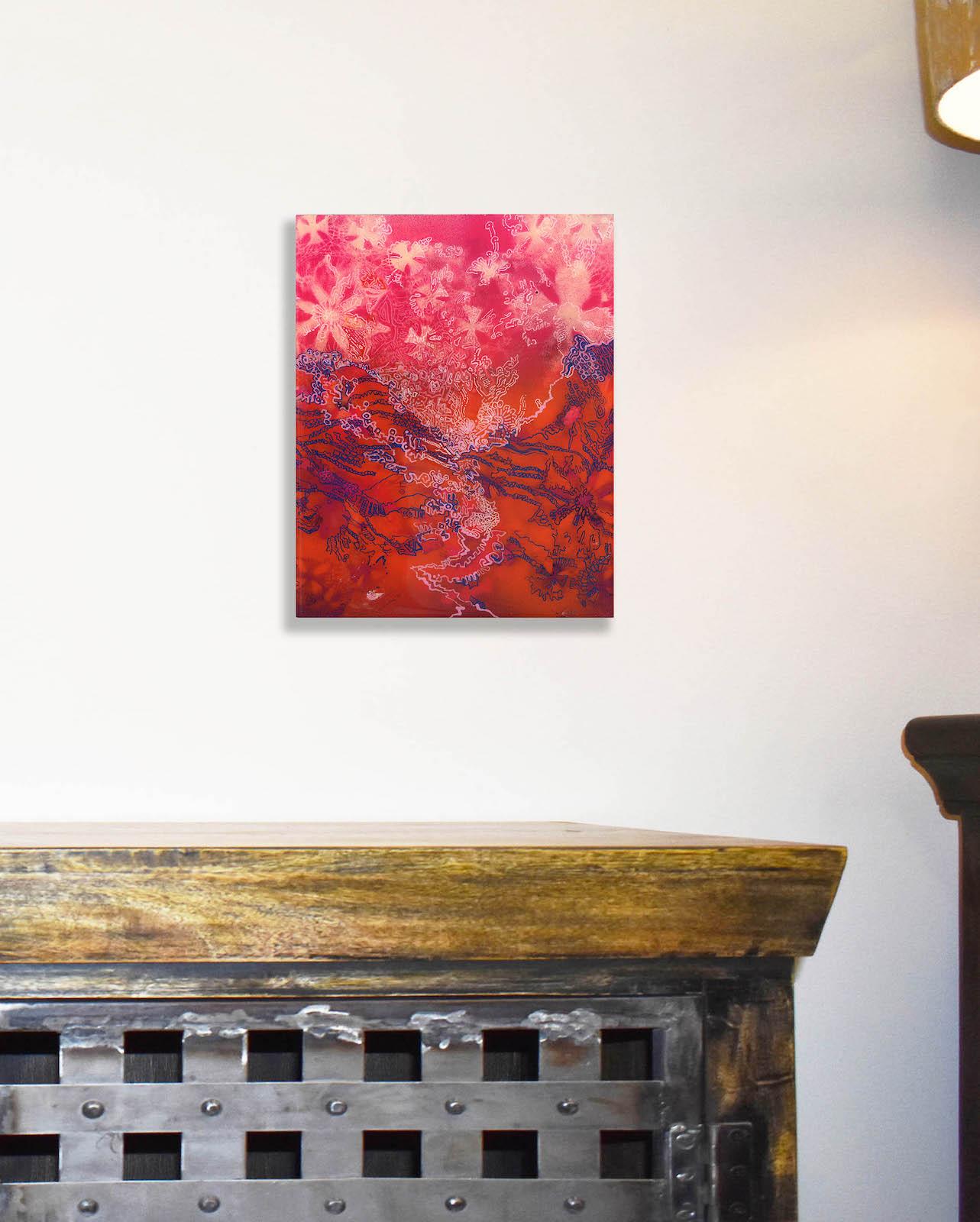 Valley Sunset densely textured linear designs and floral motifs fill a crowded pink and red space. Darlington explores themes of belonging, culture, identity, decoration, and the multiple connections that form a personal landscape. Layered