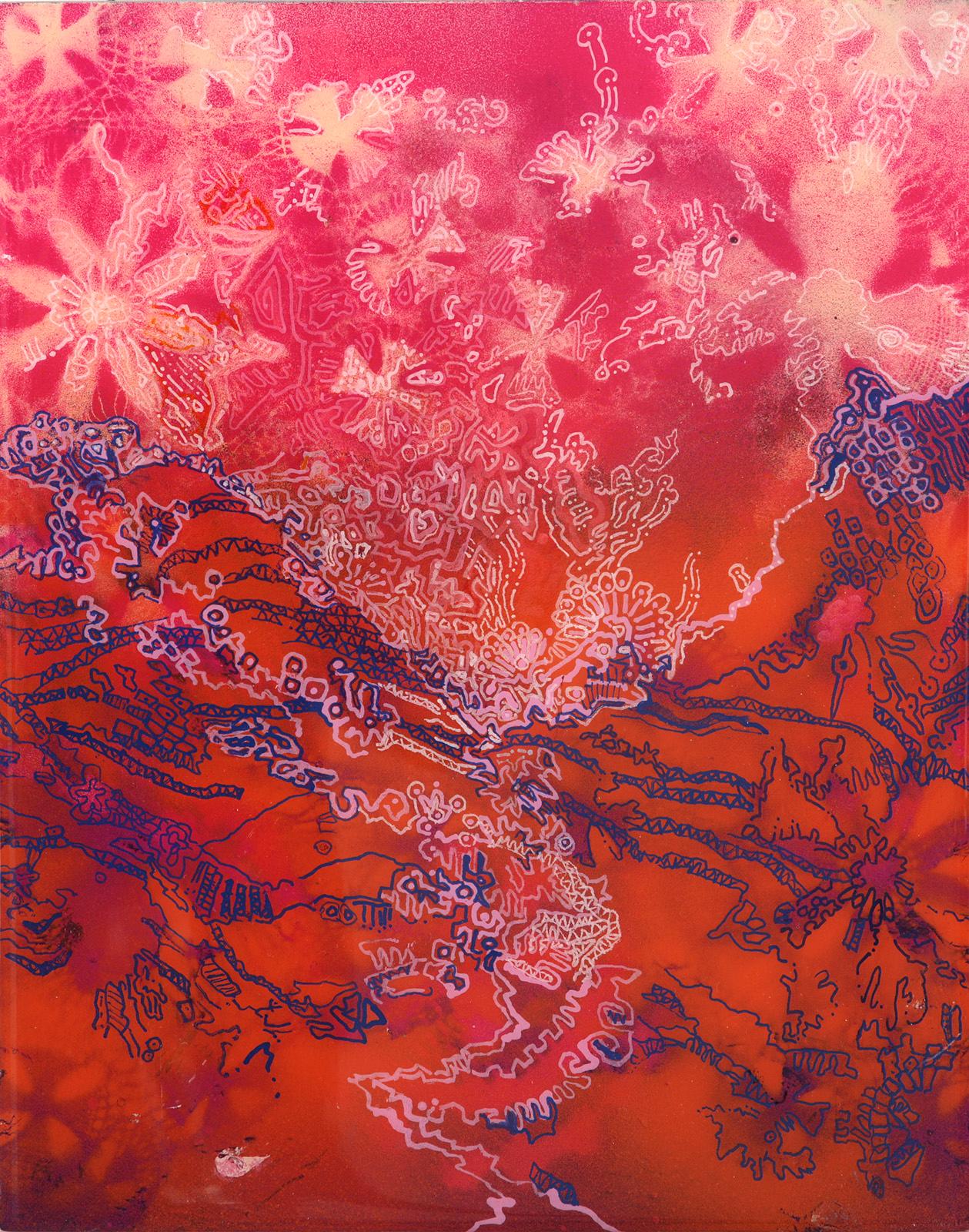 "Valley Sunset", textured linear floral motifs fill crowded pink and red space - Mixed Media Art by Rebecca Darlington