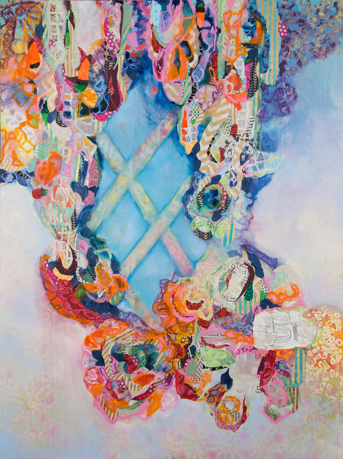 Rebecca Darlington Abstract Painting - “With Hardly an Interruption”, ribbons and diamond trellis in oranges and blues 