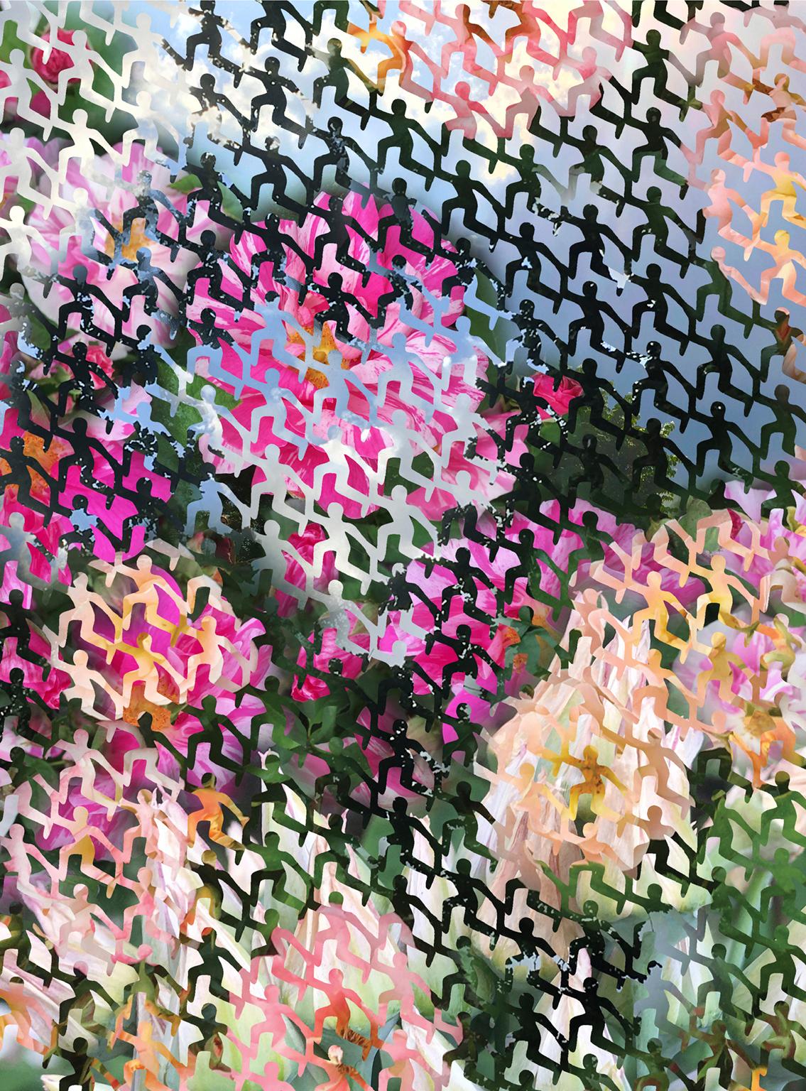 Rebecca Darlington Abstract Print - "Small Gems No. 1", silhouettes race across pink, blue, yellow and green ground