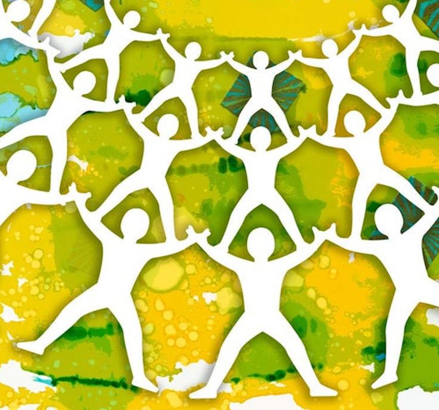 “Small Gems No. 1”, white acrobat silhouettes dance on a yellow and green ground - Contemporary Print by Rebecca Darlington