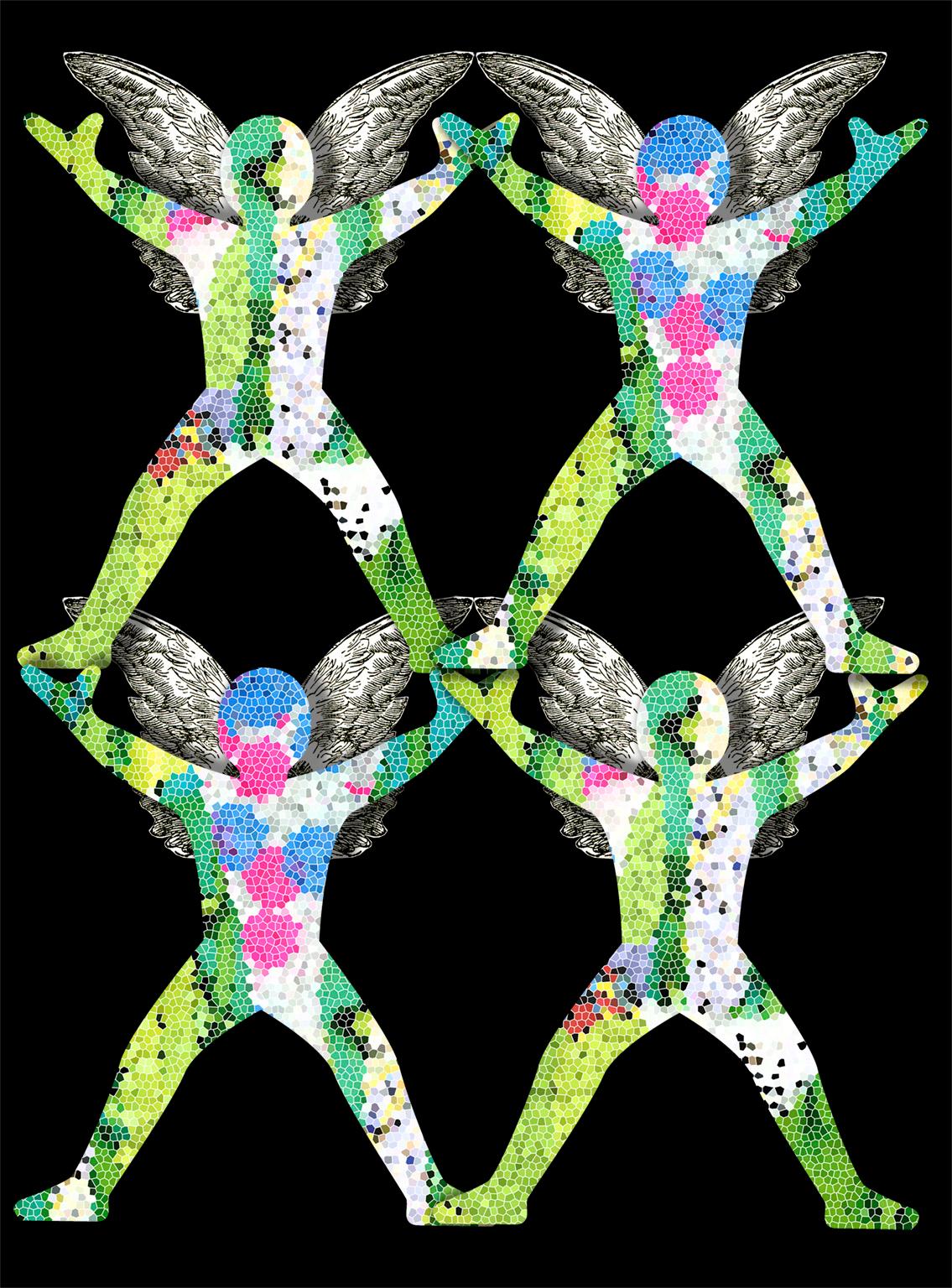 Rebecca Darlington Abstract Print - “Small Gems no. 10”, green and pink patterned, winged acrobats on a black ground