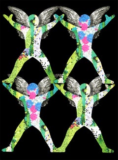 “Small Gems no. 10”, green and pink patterned, winged acrobats on a black ground