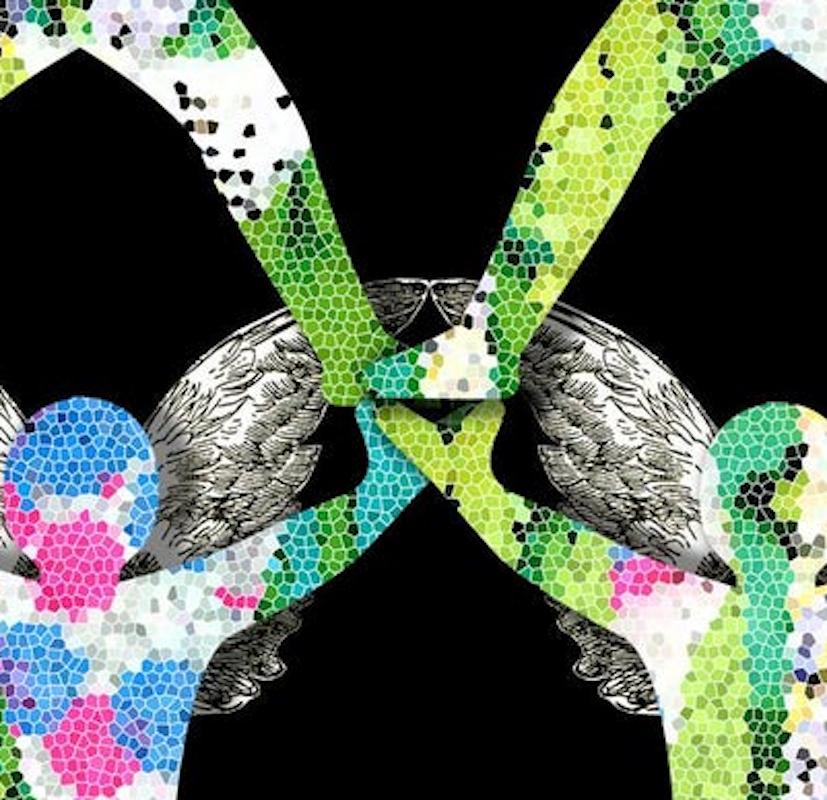 “Small Gems no. 10”, green and pink patterned, winged acrobats on a black ground - Print by Rebecca Darlington