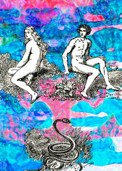 "Small Gems no. 12", adam, eve and snake float on turquoise and pink patterns