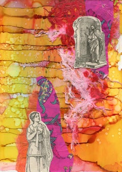 "Small Gems no. 15" antique figures float on patterns of hot pinks an yellows