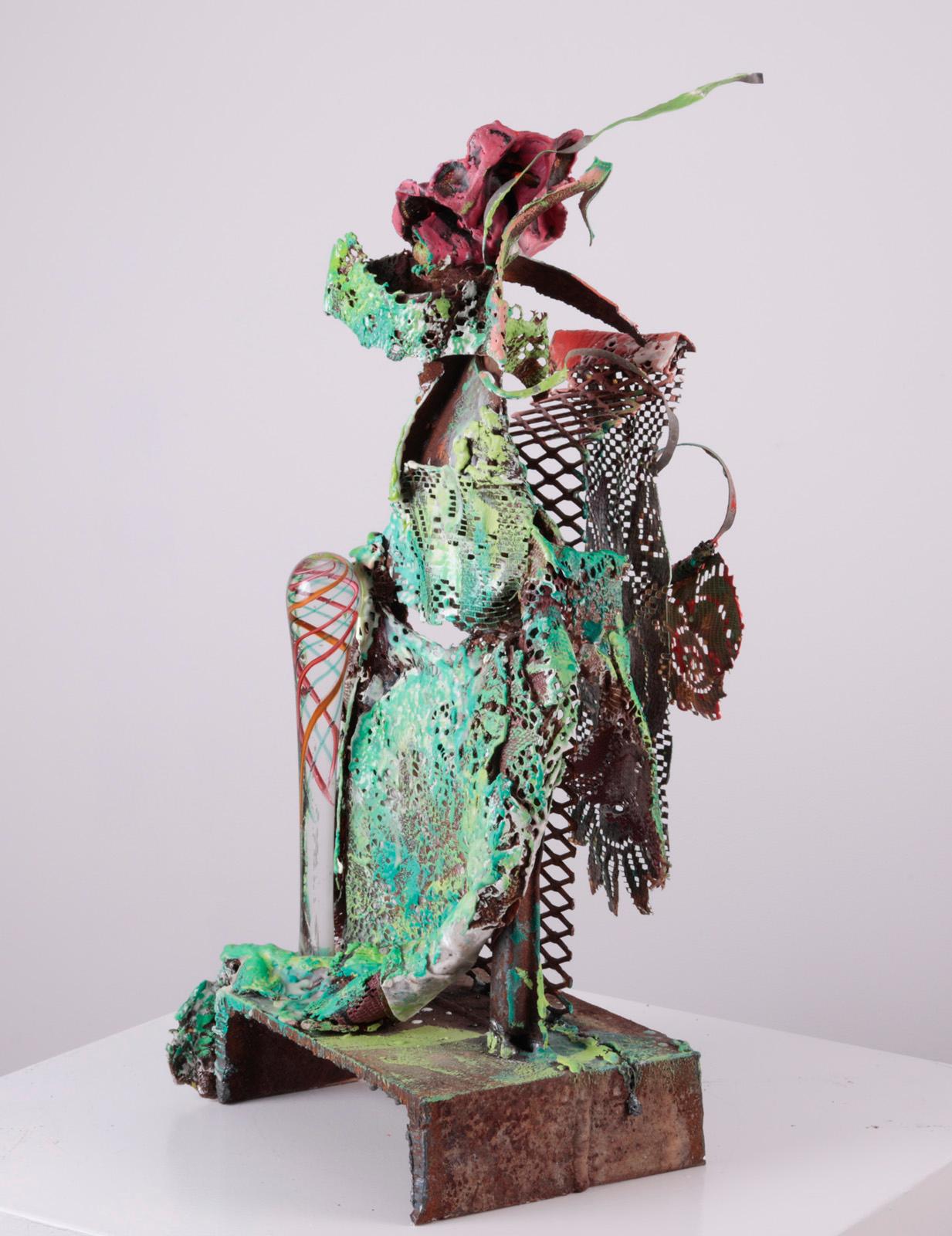Rebecca Darlington Abstract Sculpture - "Like Flower After Flower After Flower", green  patterns overlay copper mesh 