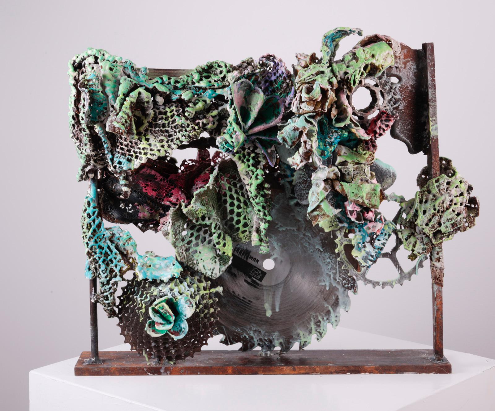 Rebecca Darlington Abstract Sculpture - "Make Earth Cool Again", turquoise green overlays copper mesh architecture
