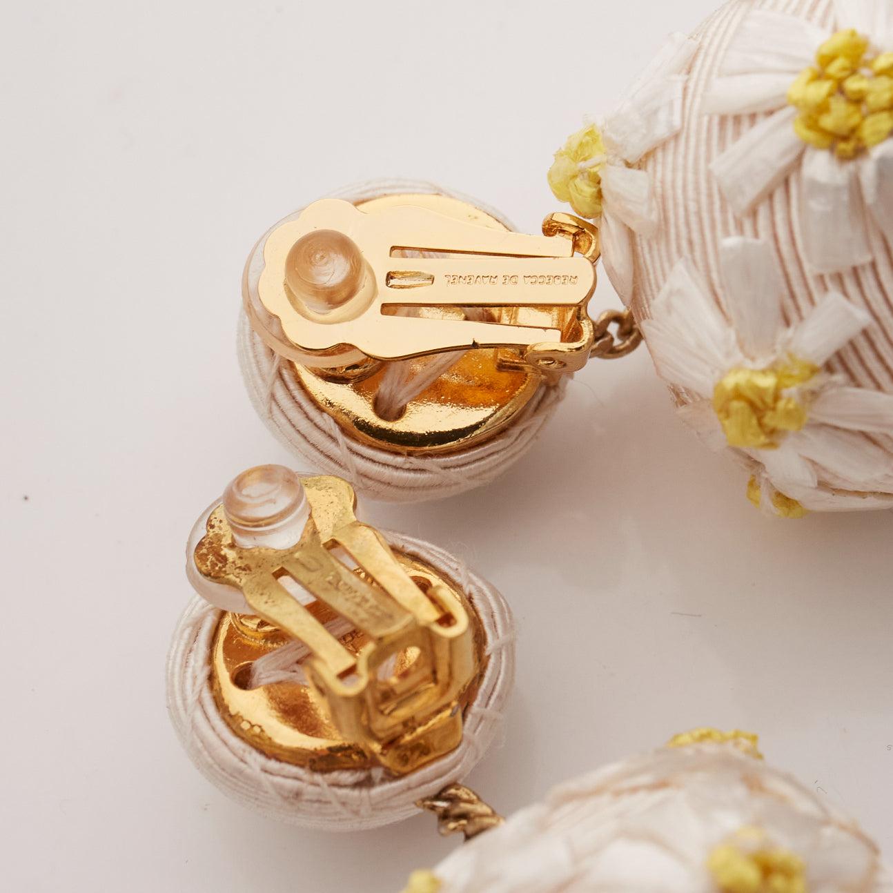 REBECCA DE RAVENEL cream yellow daisy applique clip on drop earrings For Sale 2
