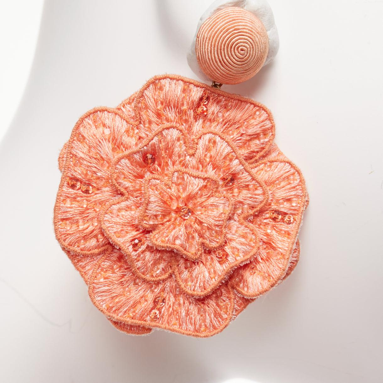Women's REBECCA DE RAVENEL peach pink floral beaded applique drop pin earrings For Sale