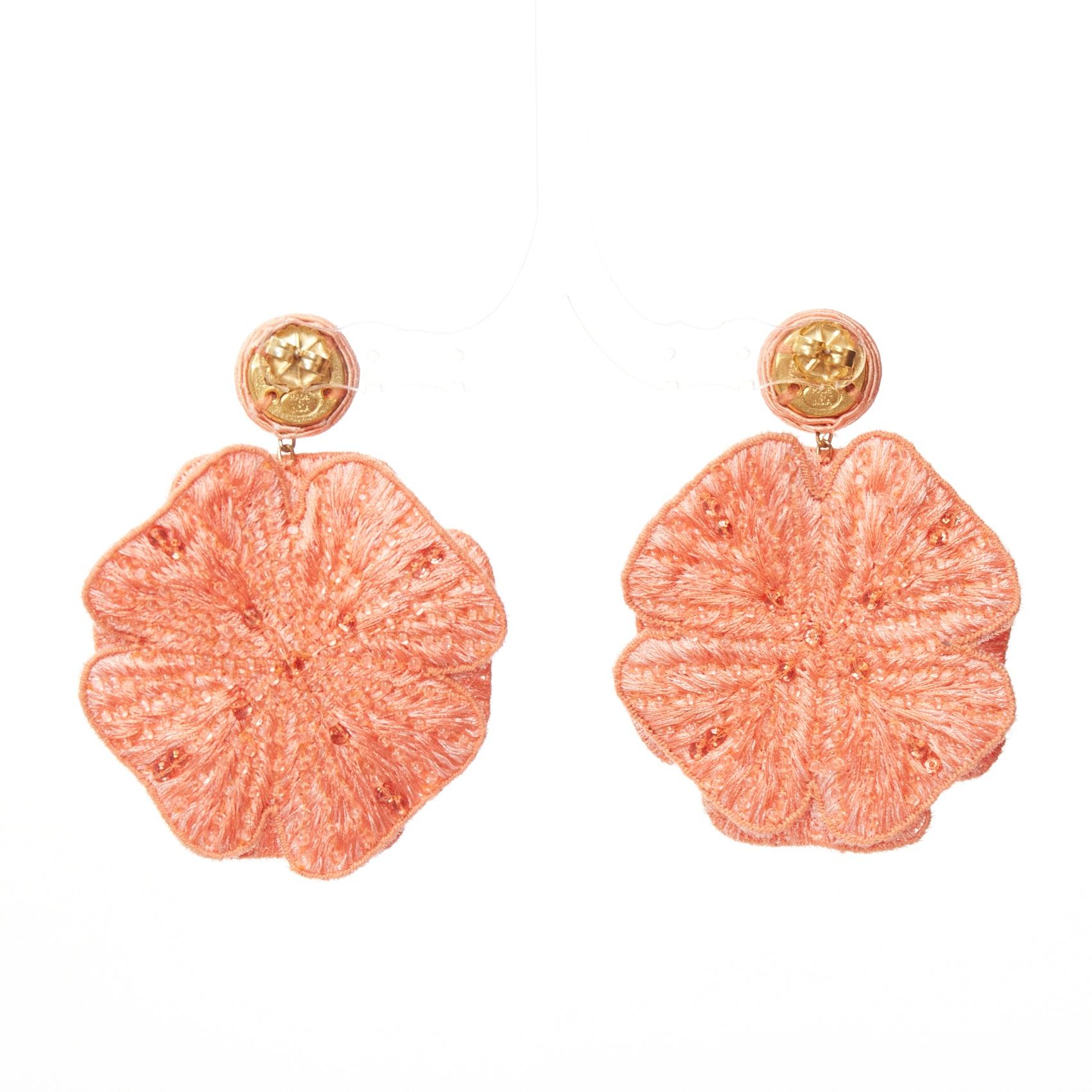 REBECCA DE RAVENEL peach pink floral beaded applique drop pin earrings For Sale 1