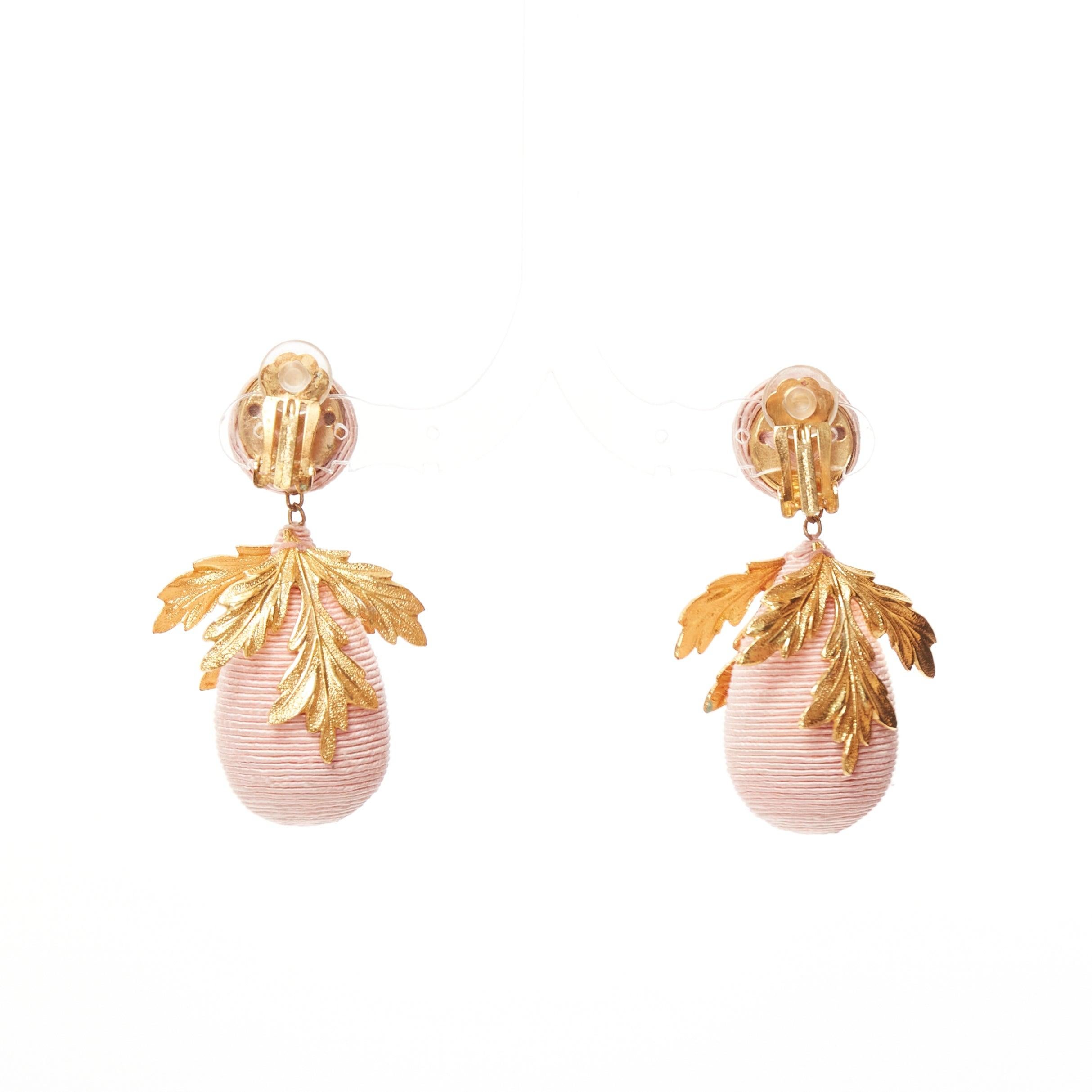 REBECCA DE RAVENEL pink applique gold metal leaf drop clip on earrings For Sale 1