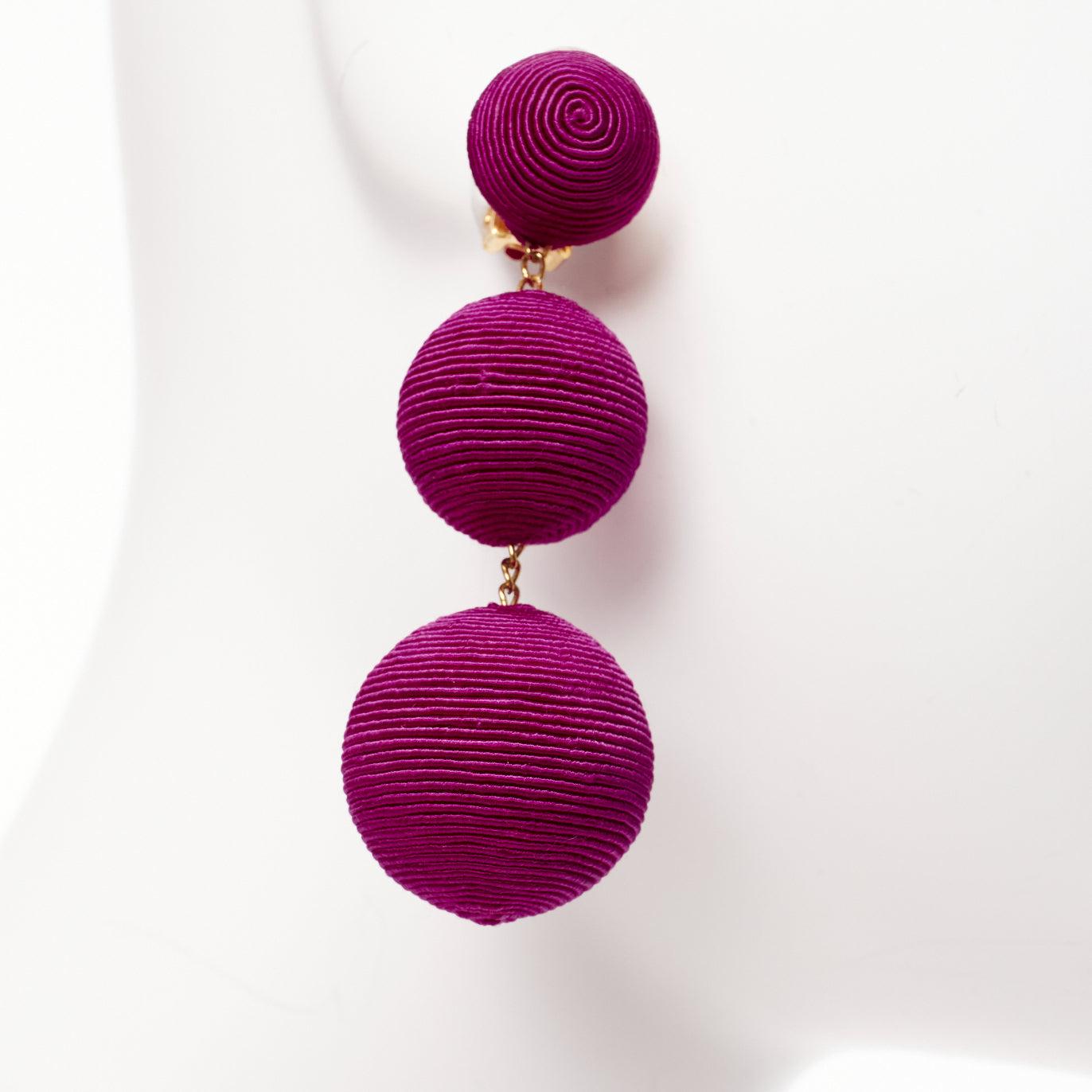 Women's REBECCA DE RAVENEL purple fabric 3 tiered drop balls clip on earrings