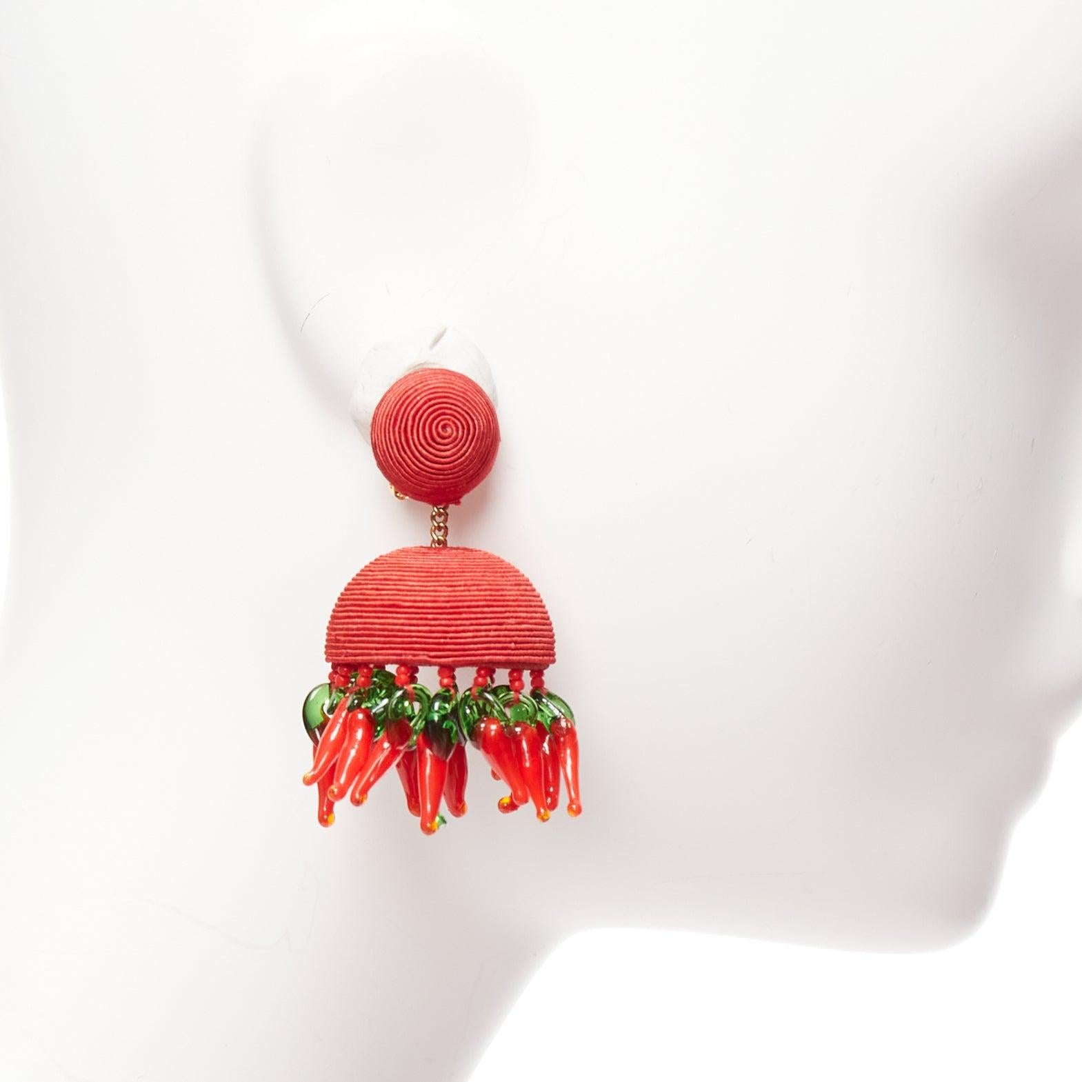 REBECCA DE RAVENEL red resin chilli beaded jellyfish tassel clip on earrings In Excellent Condition For Sale In Hong Kong, NT