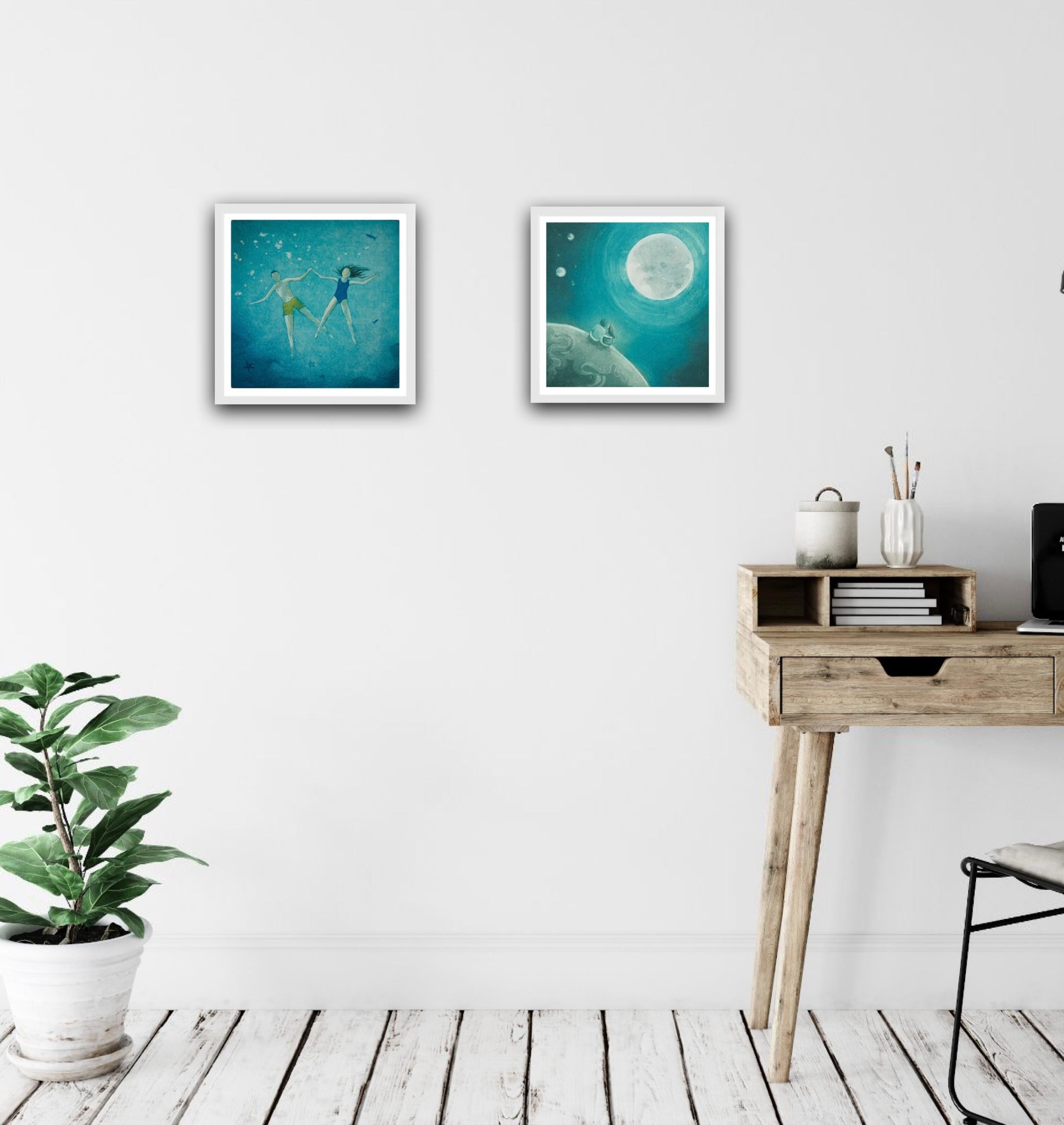 Moongazers and Floating diptych - Blue Landscape Print by Rebecca Denton