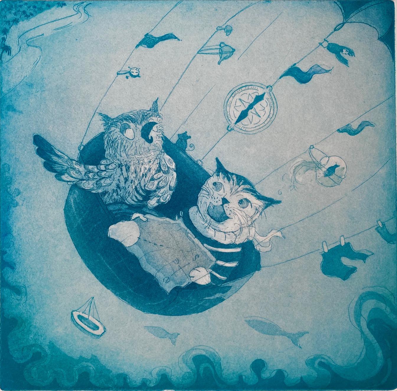 Díptico de la Fiesta del Búho y el Gato y del Gato Azul - Print de Rebecca Denton