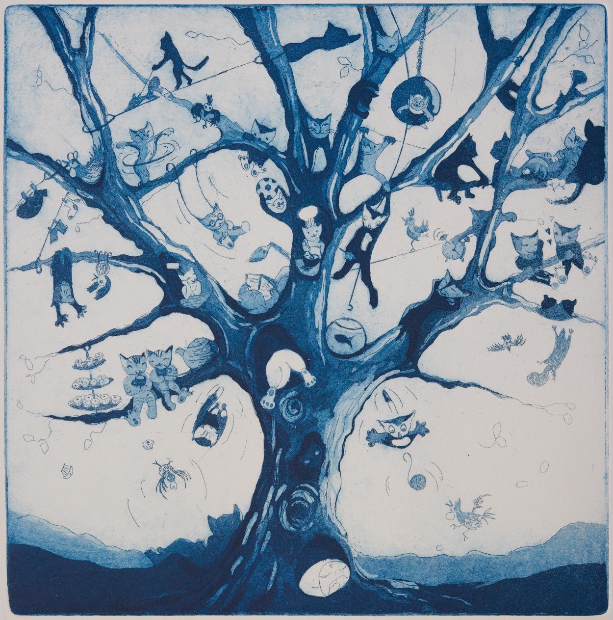 Díptico de la Fiesta del Búho y el Gato y del Gato Azul - Print Contemporáneo de Rebecca Denton
